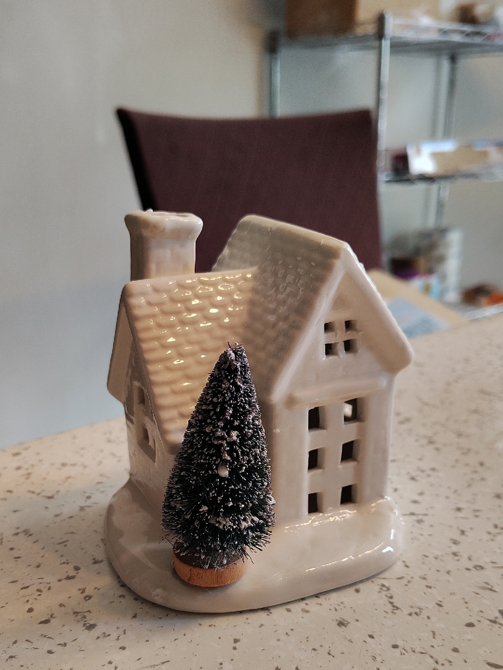Ceramic White Miniature House with Bottle Brush Tree